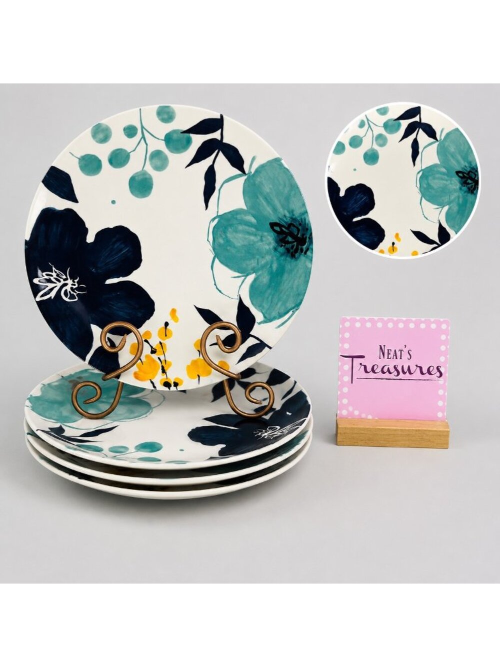 Baum Brothers BELLA FLORAL Indigo Turquoise Yellow Floral Dinner Plates Set of 4